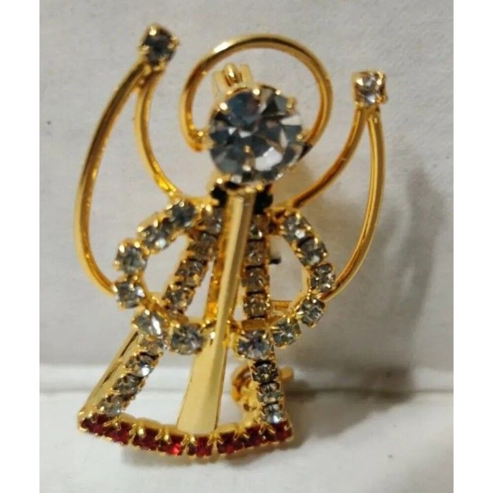 Vintage Rhinestone Christmas Angel Goldtone Holiday Pin Brooch Religious